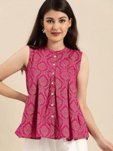 AMANFAB Casual Floral Print Women Pink Top
