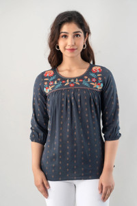 DIPANI Casual Embroidered Women Grey Top