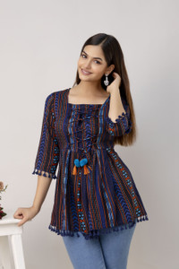 UNIFYFASHION Casual Printed Women Blue Top