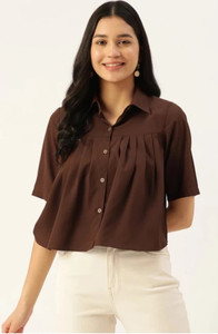 ALANGA Casual Solid Women Brown Top