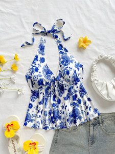 KASTURI Casual Floral Print Women White, Blue Top