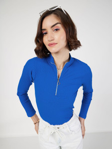 SASSAFRAS Casual Self Design Women Blue Top