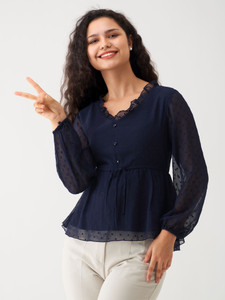 AASK Casual Self Design Women Dark Blue Top