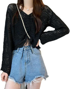 CRAMPLE Casual Embroidered Women Black Top