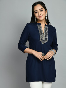 Meesan Casual Embroidered Women Dark Blue Top