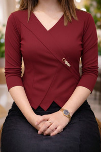 SHIRU Casual Solid Women Maroon Top