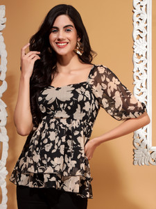 DRAPE AND DAZZLE Party Printed Women Black Top