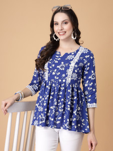 God Bless Casual Floral Print Women Blue Top