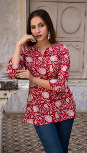 SANGOURI Casual Floral Print Women Red Top