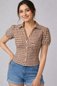 AAPASA Casual Checkered Women Brown Top