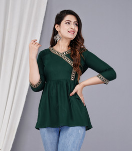 Brijam Casual Embroidered Women Dark Green Top