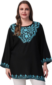 VAAMII Casual Embroidered Women Black Top