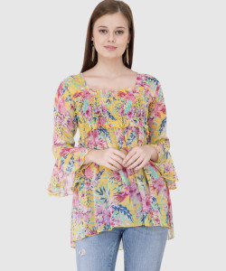 POPWINGS Casual Bell Sleeve Printed Women Yellow Top