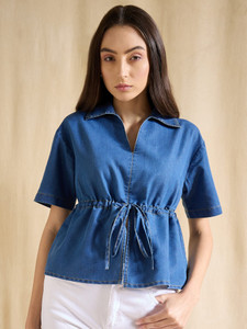 DRAPE AND DAZZLE Casual Solid Women Blue Top