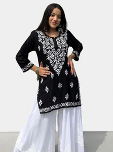 HouseOfTheSukh Women Chikan Embroidery, Embroidered, Solid, Self Design Straight Kurta