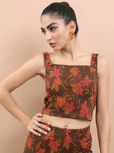 टोक्यो टॉकीज महिलाओं के लिए कैजुअल फ्लोरल प्रिंट भूरा, पीला, नारंगी टॉप