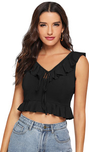 LEAFSY Casual Solid Women Black Top
