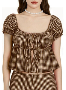 QUINTESSENTIALS Casual Checkered Women Brown Top
