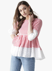 La Zoire Party Regular Sleeve Striped Women Red Top