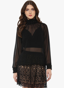 Porsorte Party Bishop Sleeve Lace Women Black Top