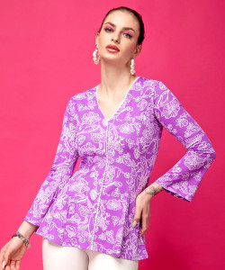 POPWINGS Casual Printed Women Purple, White Top