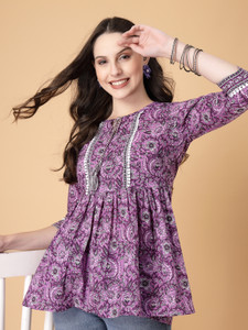 God Bless Casual Floral Print Women Purple, White Top