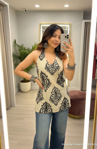 RADHAJITHELABLE Casual Ethnic Motifs, Printed Women Beige Top
