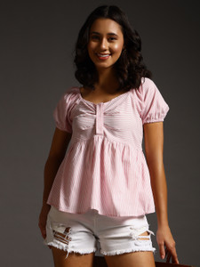 BNS Casual Striped Women Pink Top