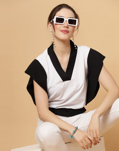 Selvia Casual Color Block Women White, Black Top