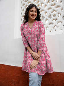 Janasya Casual Printed, Floral Print Women Pink Top
