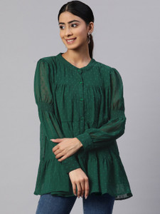 PLUSS Casual Self Design Women Green Top