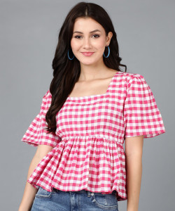 QUINTESSENTIALS Casual Checkered Women Pink Top