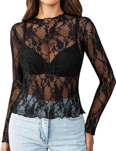 LQZ Party Lace Women Black Top