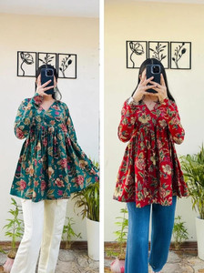 BIBHATSU Casual Floral Print Women Black, Blue Top