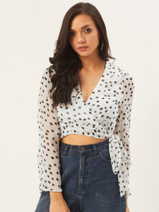 ANVI Be Yourself Casual Full Sleeve Polka Print Women White, Black Top
