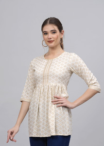Dinaya Casual Printed Women Beige, White Top