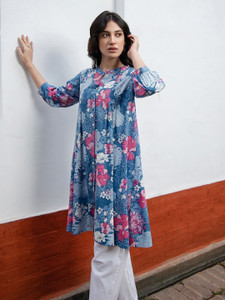 Janasya Casual Floral Print Women Blue Top