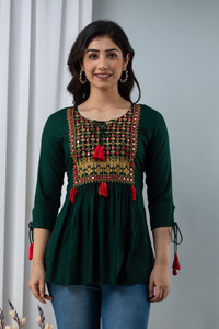 WOMENISHKURTI Casual Embroidered Women Dark Green Top