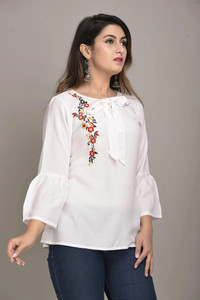 IQRAAR Casual 3/4 Sleeve Embroidered Women White Top