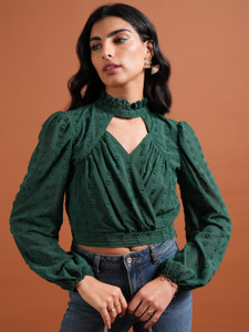 Tokyo Talkies Casual Solid Women Dark Green Top