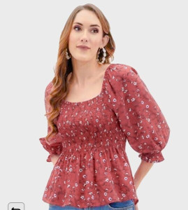Luffa Casual Solid, Self Design, Printed, Washed Women Red Top
