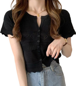 mystify Casual Self Design Women Black Top