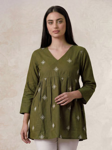 ZURAWEST Casual Printed Women Dark Green Top