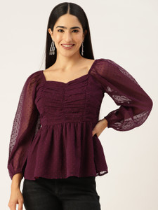 SLENOR Casual Self Design Women Maroon Top
