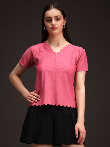 Emeros Casual Laser Cut, Solid, Self Design Women Pink Top