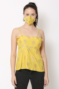 ukaim fashion Casual Shoulder Strap Printed Women Yellow Top