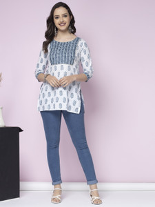 Shions Casual Printed Women White, Light Blue Top