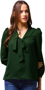 Stylistico Casual Balloon Sleeve Solid Women Dark Green Top
