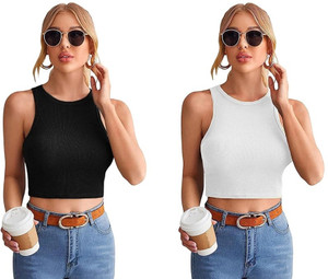 MIXFIT Casual Solid Women Black, White Top