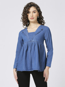 CEFALU Casual Solid Women Dark Blue Top